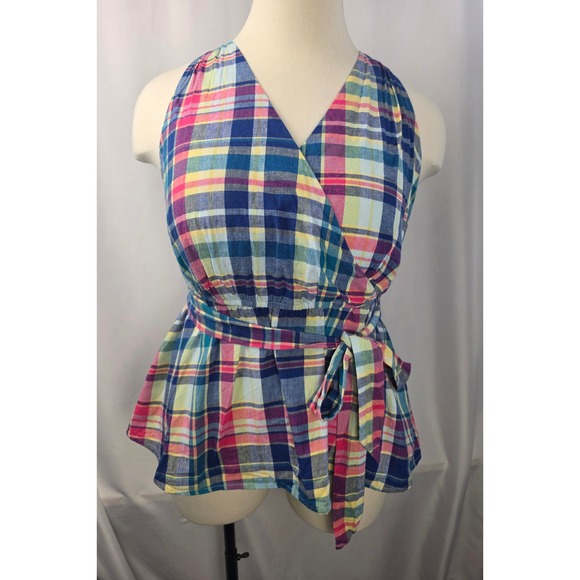Lane Bryant Tops - Lane Bryant Size 14 Sara Plaid Linen Blend Surplice Peplum Top